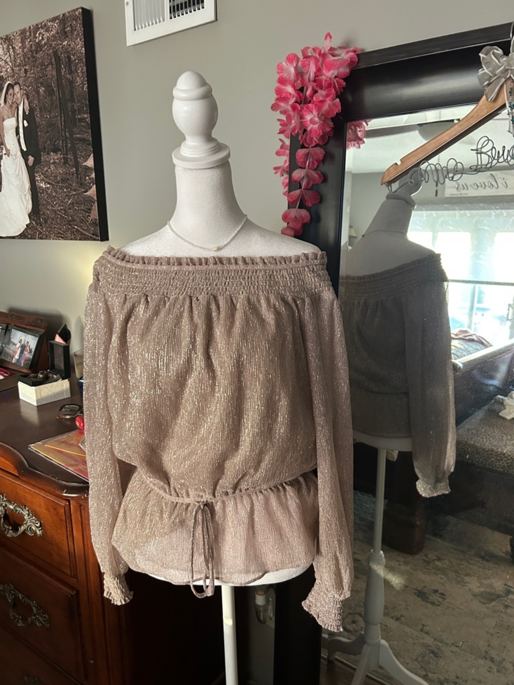 White House Black Market Off-Shoulder Shimmery Taupe Knit Top
